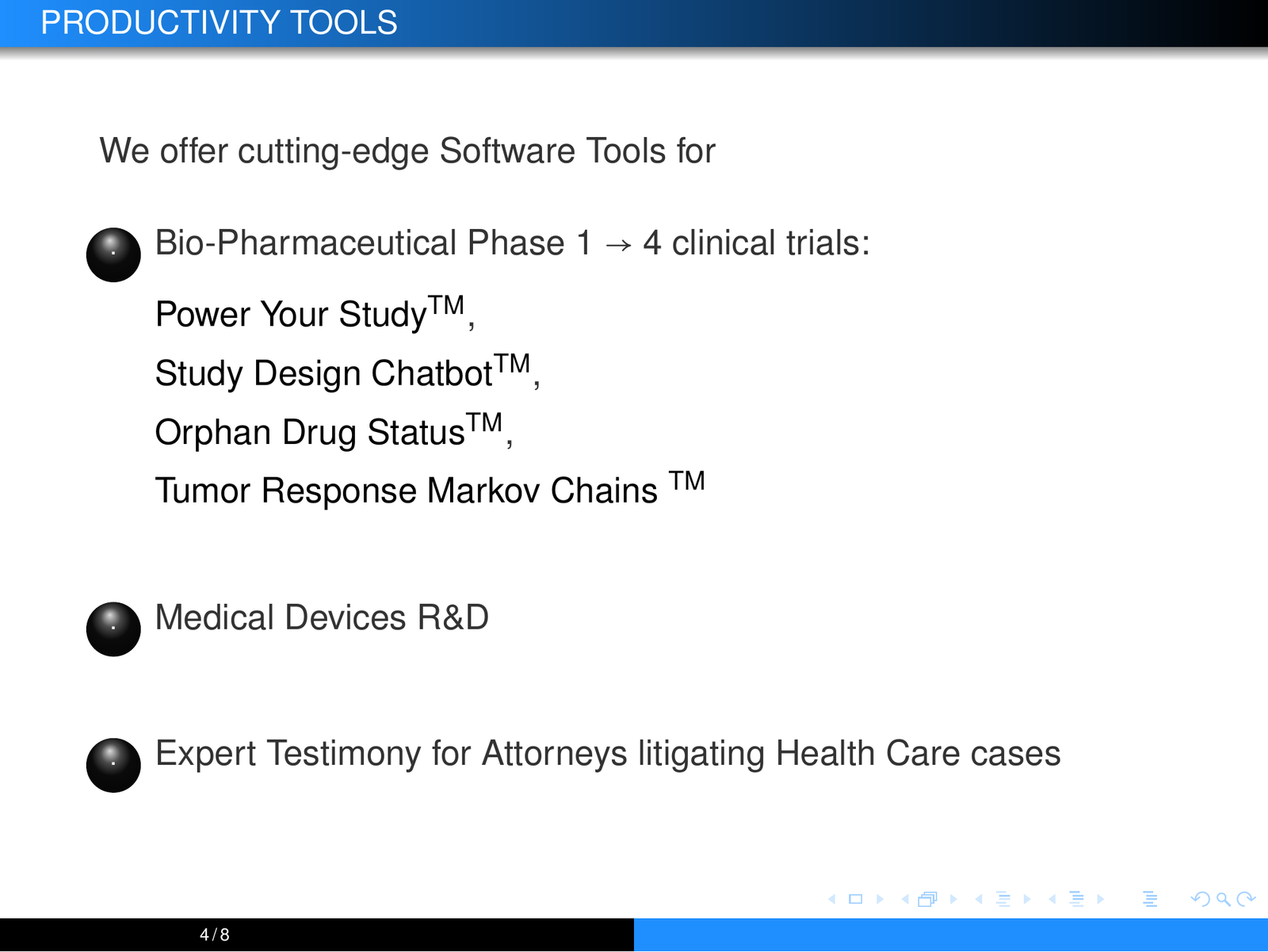 Productivity tools for clinical trials, medical devices and expert testimony